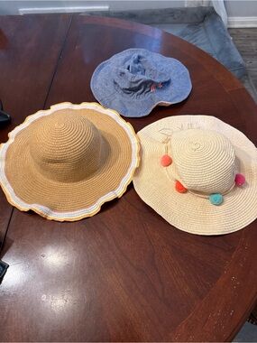 3 Girls' Sun Hats with Pom-Pom Trim, ribbon trim and denim reversible